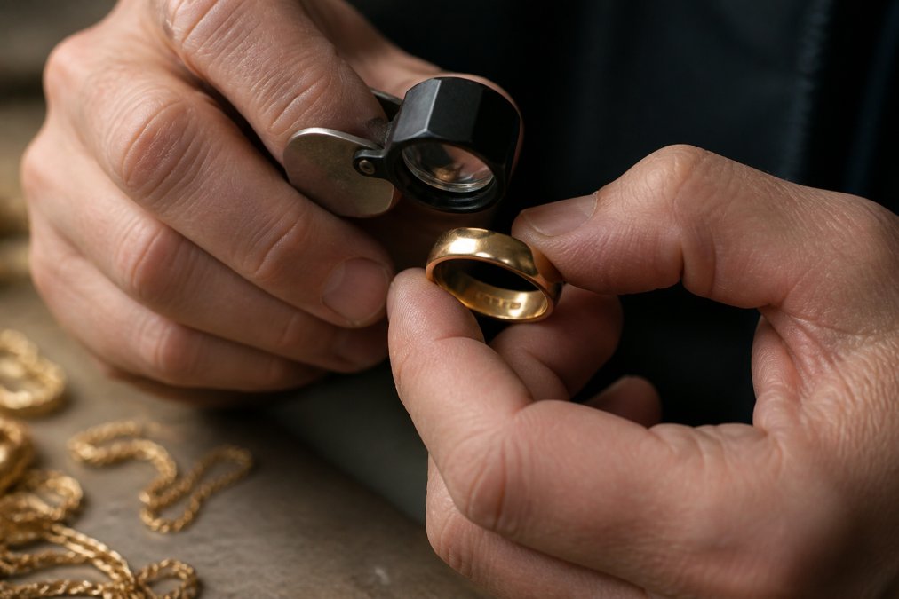 Jeweler using a magnifying loupe to inspect a hallmark on a gold ring to identify fake gold jewelry