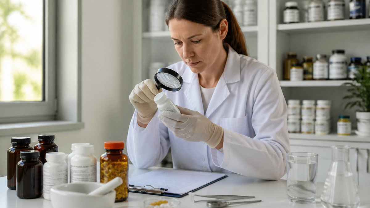 Professional demonstrating how to spot fake health products technique in modern clinical setting with natural lighting