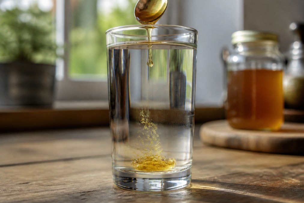 Diagram showing the water test to identify pure honey sinking to the bottom of a glass