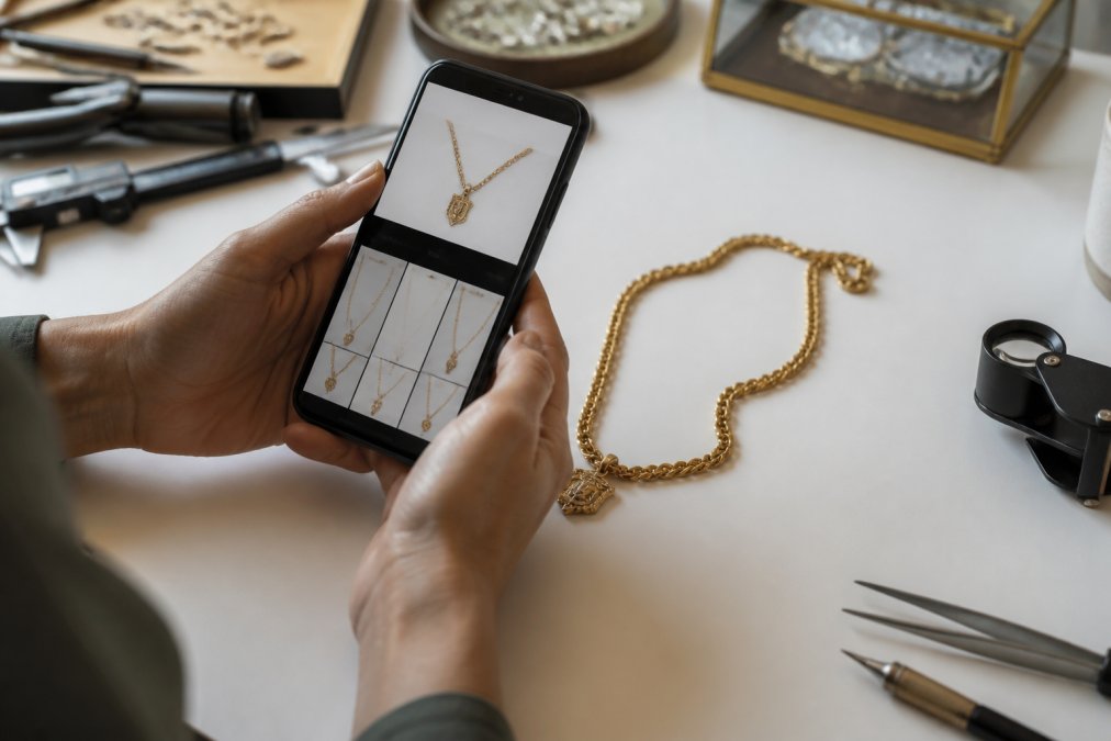 Hands using a smartphone to perform a reverse image search on a gold necklace to identify potential jewelry scams.