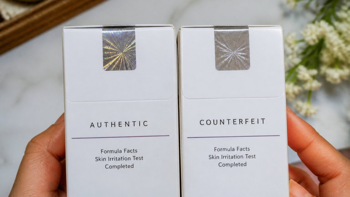 Close-up of authentic Korean skincare product packaging next to counterfeit version showing clear differences in print quality, label alignment, and holographic seal details under bright lighting