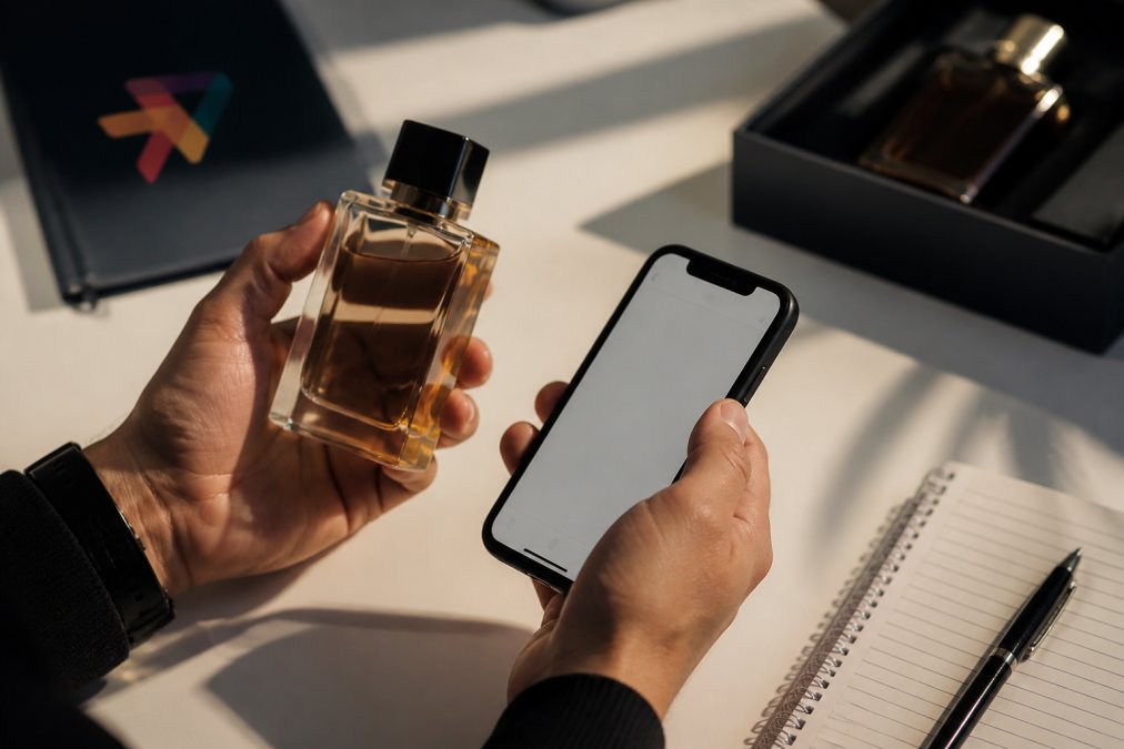Close-up of hands holding a luxury perfume bottle under bright light, with a smartphone in the other hand displaying a batch code lookup screen, on a clean white table with a notebook and pen nearby