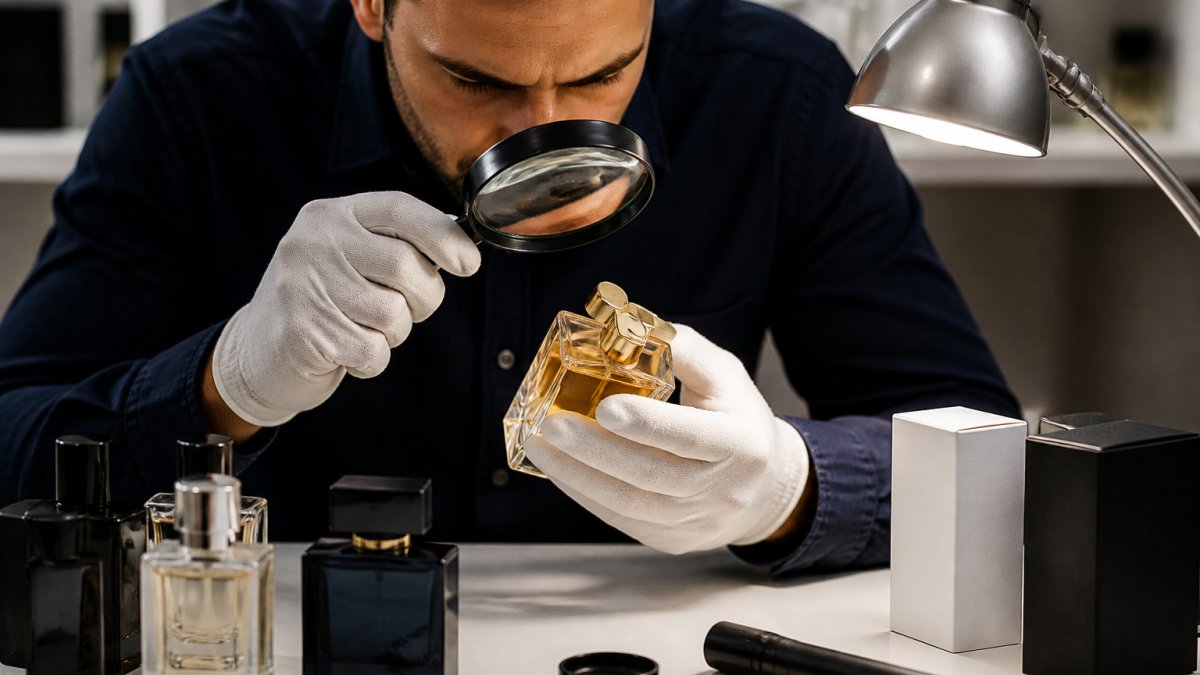 Professional demonstrating how to examine luxury perfume packaging and bottle details with magnifying glass under bright lighting