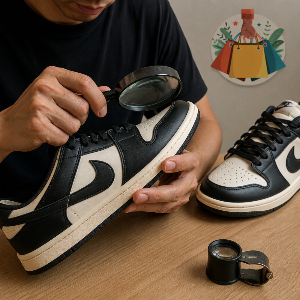 Close-up of hands examining the stitching and seams on a luxury sneaker under bright light, with a magnifying glass and a genuine pair beside it for comparison