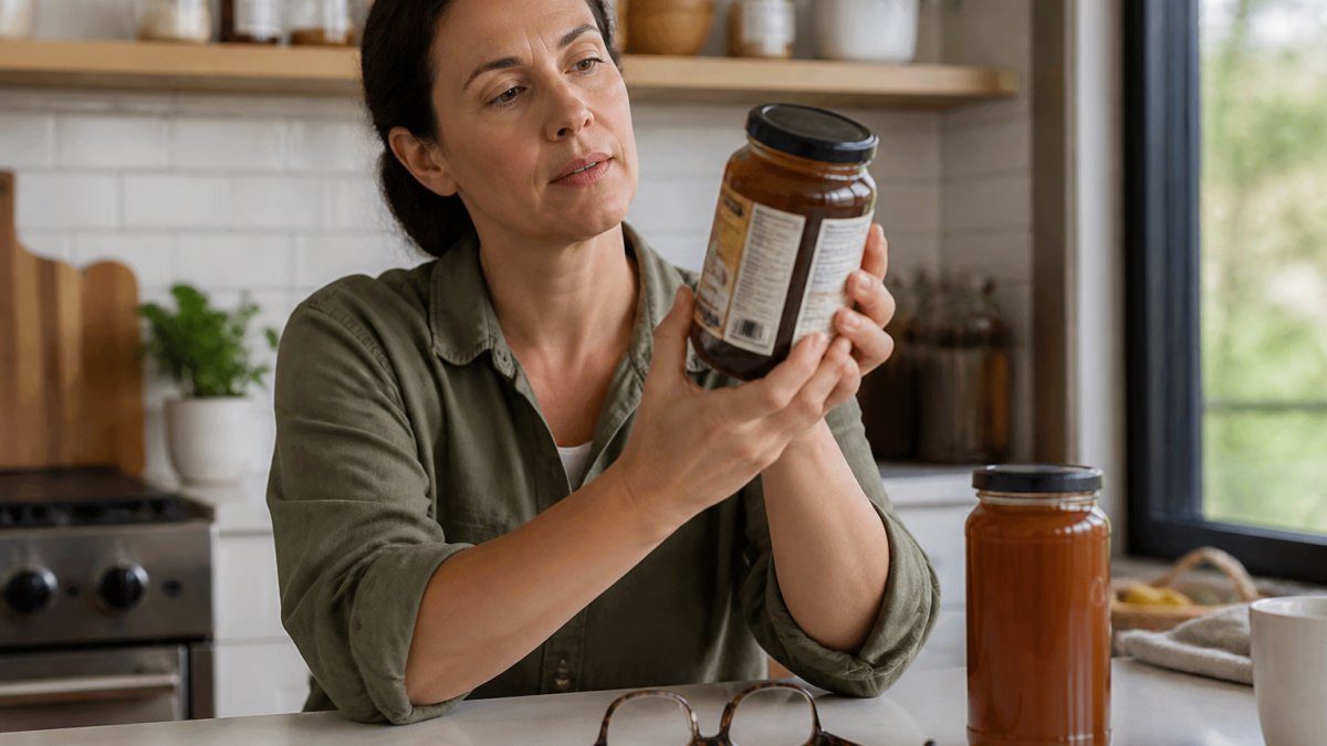 Close-up of a person's hands holding a glass jar of honey in a bright kitchen, turning the jar to read the back label, with a second jar and a pair of reading glasses on the counter nearby