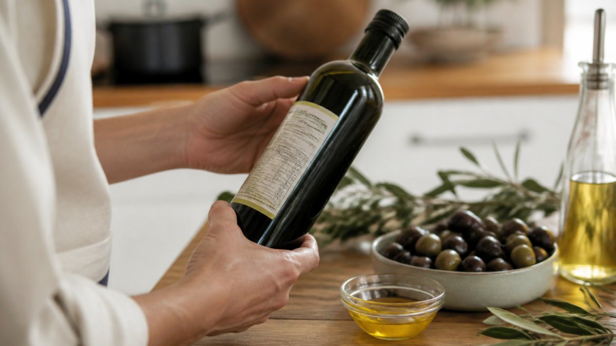 Close-up of hands holding a dark glass olive oil bottle, turning it to read the back label in a bright kitchen, with fresh olives and a small bowl of golden oil on the bench nearby