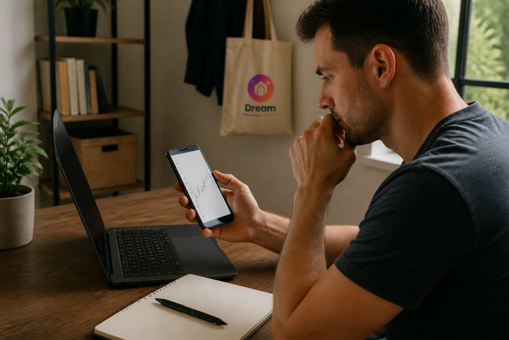 Person comparing product prices and historical graphs to identify fake online discounts on a laptop and smartphone.