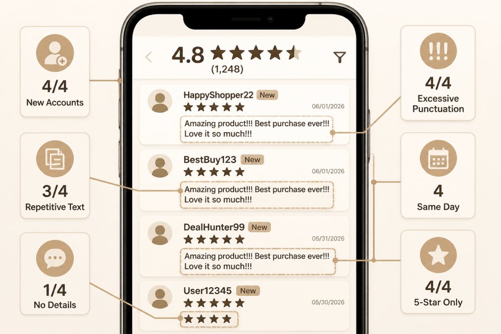 Close-up of a smartphone screen displaying customer reviews with obvious red flags highlighted, showing suspicious text and patterns