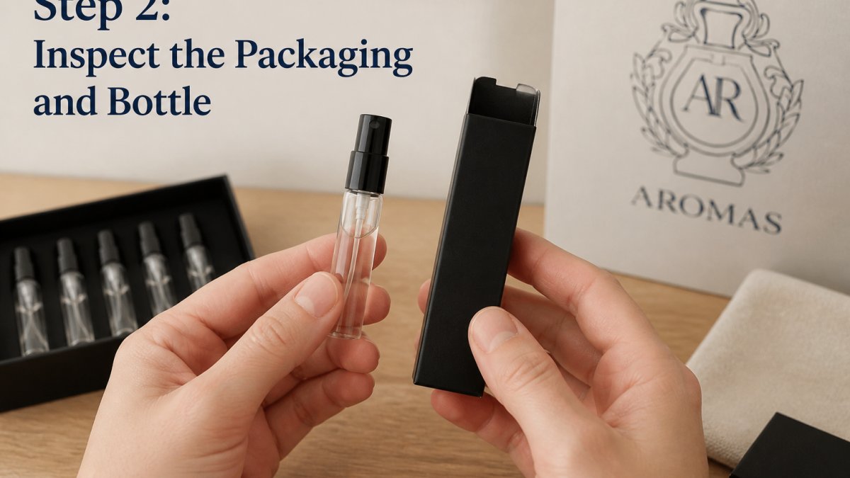 Close-up of hands holding a small glass perfume decant vial next to its packaging, with a label and atomizer visible on a clean wooden surface