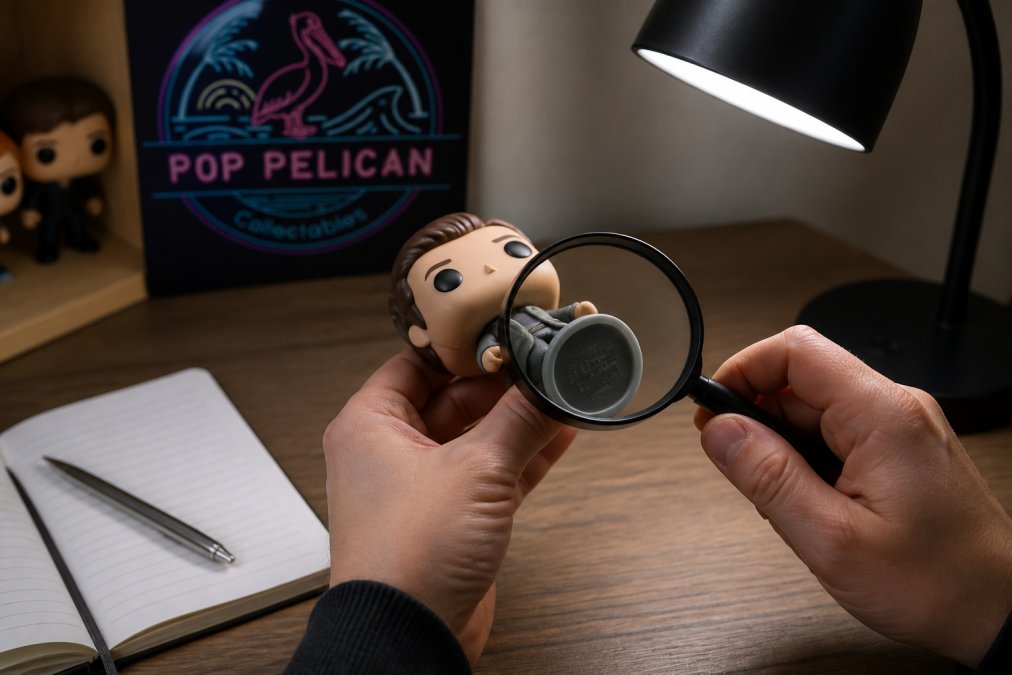 Hands using a magnifying glass to spot fake pop figures by checking the serial number on the base.