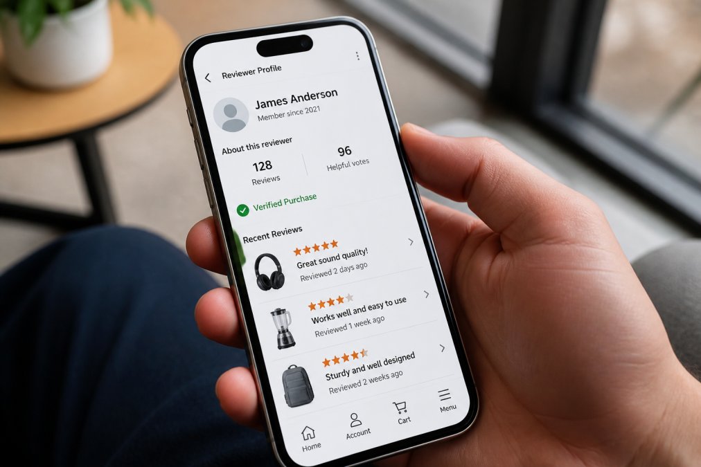 Close-up of a smartphone screen showing a product review page with reviewer profile details, verified purchase badge, and review history visible, and reviewer name displayed