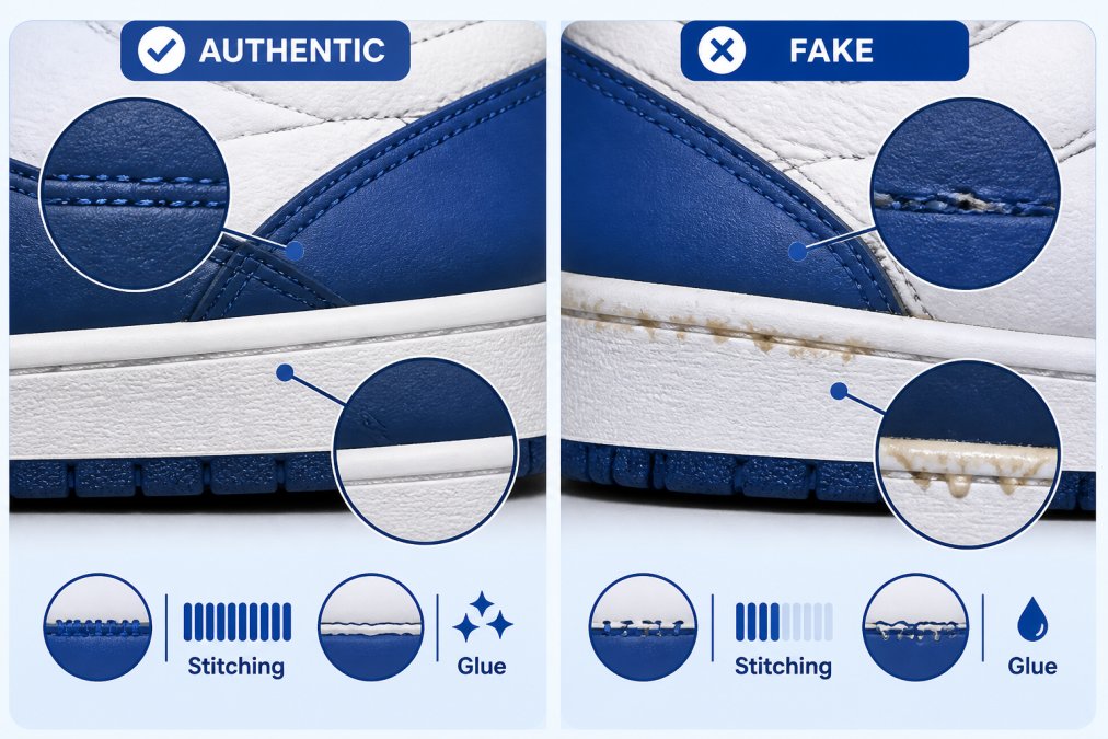 Extreme close-up of two sneakers placed side by side on a white surface, one authentic and one counterfeit, showing visible differences in stitching density and glue residue along the midsole edge, under bright white studio lighting