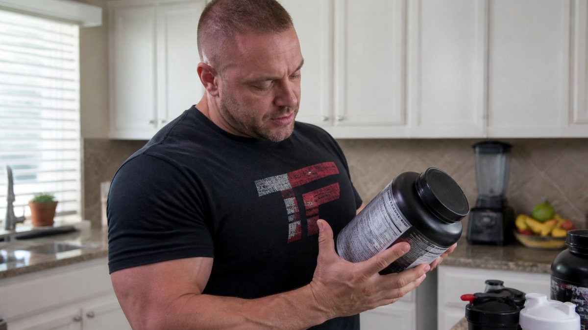 Hands holding a supplement tub in a bright kitchen while reading the ingredient label for red flags