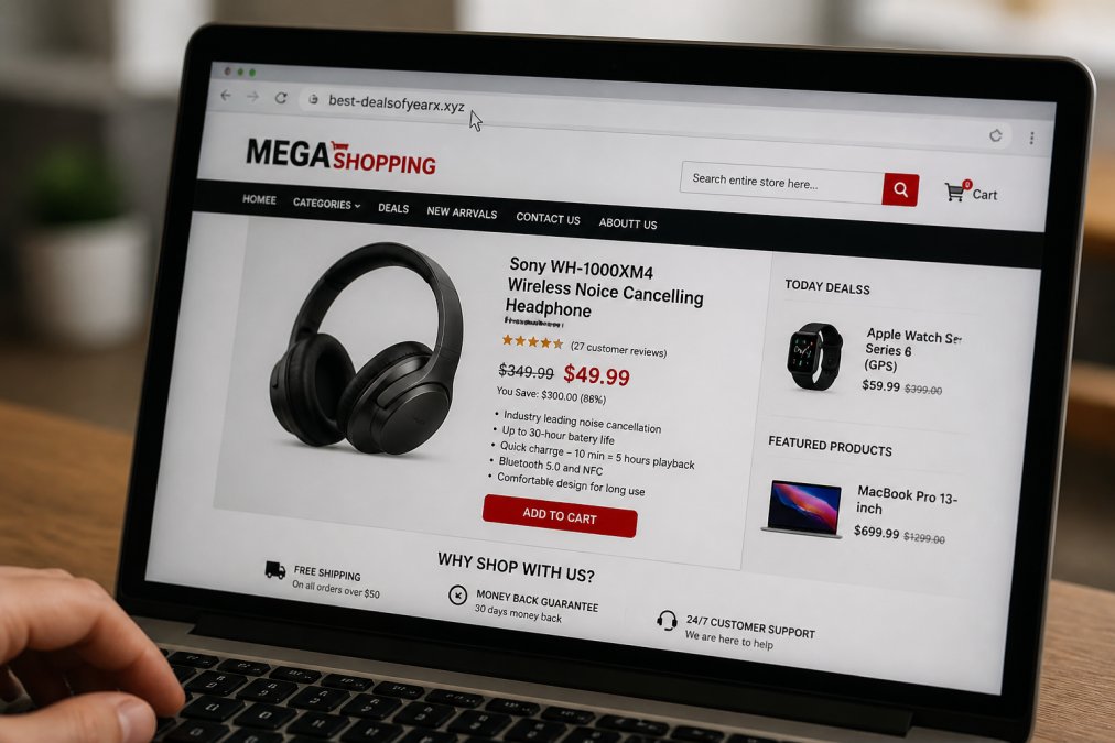 Close-up of a laptop screen displaying a suspicious online electronics store with mismatched branding, poor layout, and spelling errors visible in product descriptions and navigation menus, with a cursor hovering over the URL bar