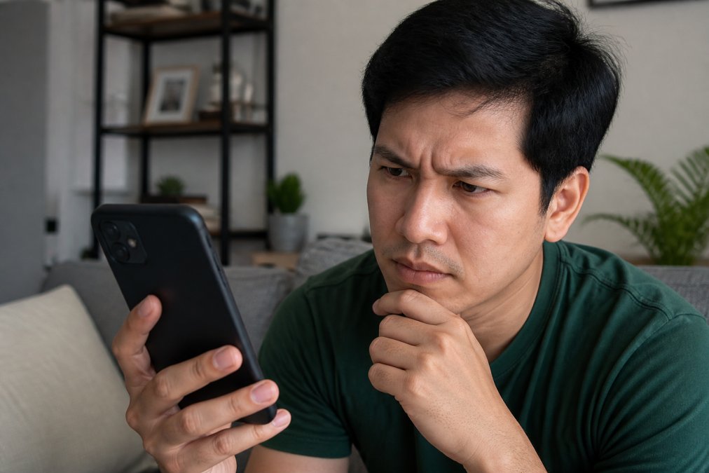 Person examining a smartphone screen showing customer reviews and ratings with a skeptical expression, highlighting authentic verified purchase badges and comparing them with suspicious high-star reviews