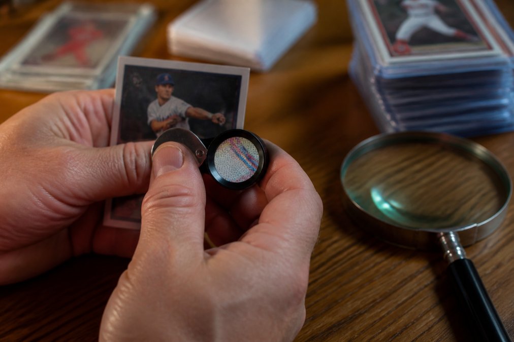 Hands using a jeweler's loupe to inspect dot patterns on fake trading cards for authenticity verification.
