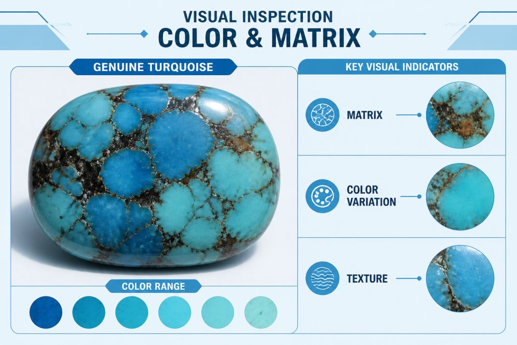 Close-up of genuine turquoise stone displaying natural irregular matrix patterns with brown and black veining, color variations from deep blue to lighter turquoise, and organic texture held in natural daylight