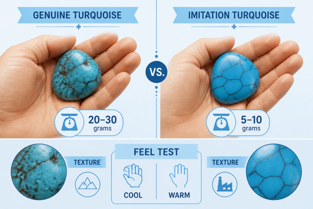 Two hands holding genuine turquoise stone and imitation stone side by side, demonstrating the weight and texture difference, natural lighting from above showing the contrast in appearance and handling