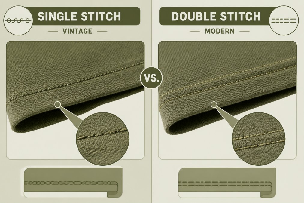 Close-up of vintage t-shirt seams showing single-stitch construction detail on side hem, with clear thread line visible, compared to modern double-stitched seams in natural lighting