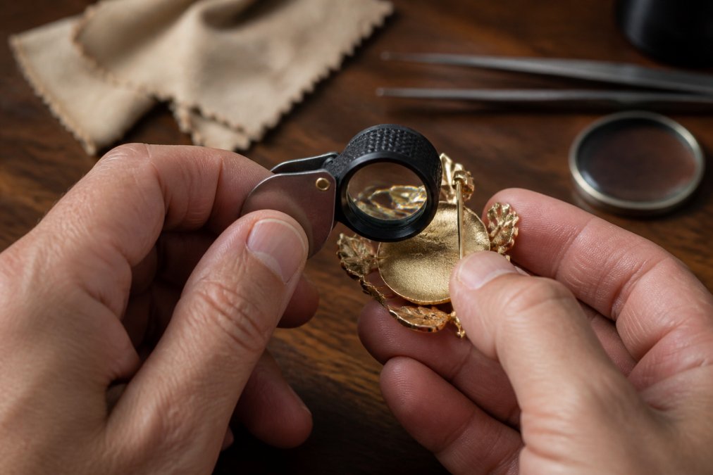 Diagram showing how to spot fake vintage costume jewelry by inspecting maker marks with a jeweler loupe.