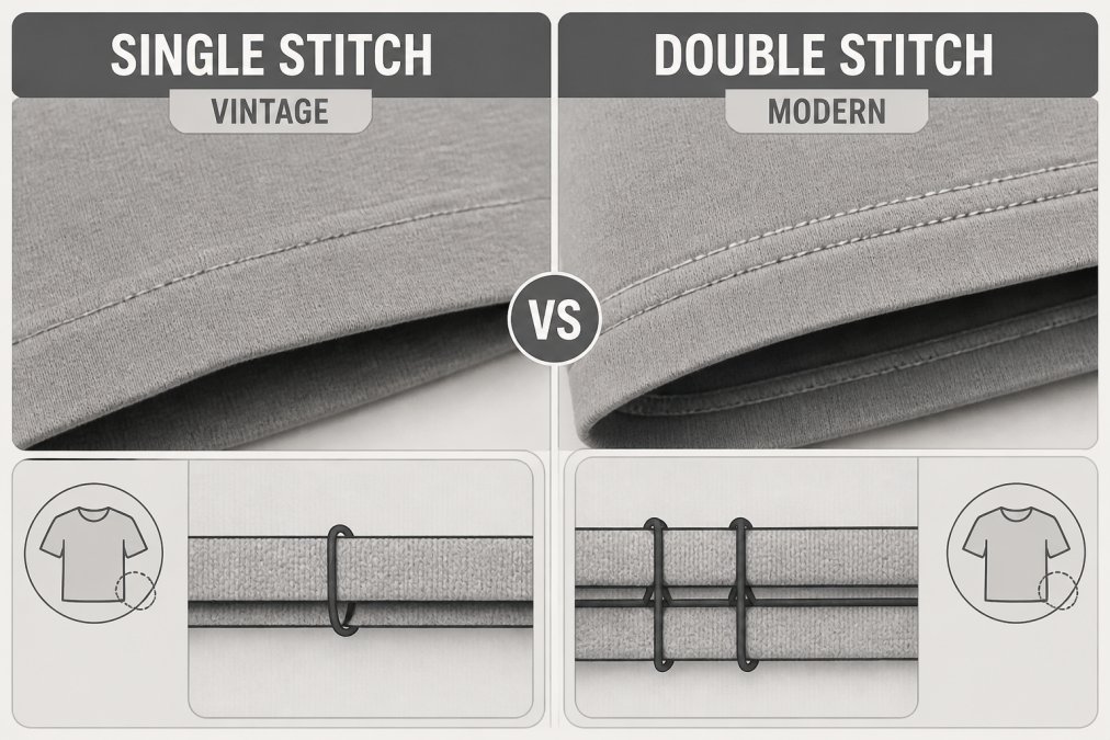 Close-up of vintage single-stitch seam showing thin, flexible thread line running along fabric edge, compared to thick modern double-stitch construction with parallel thread rows visible on garment interior