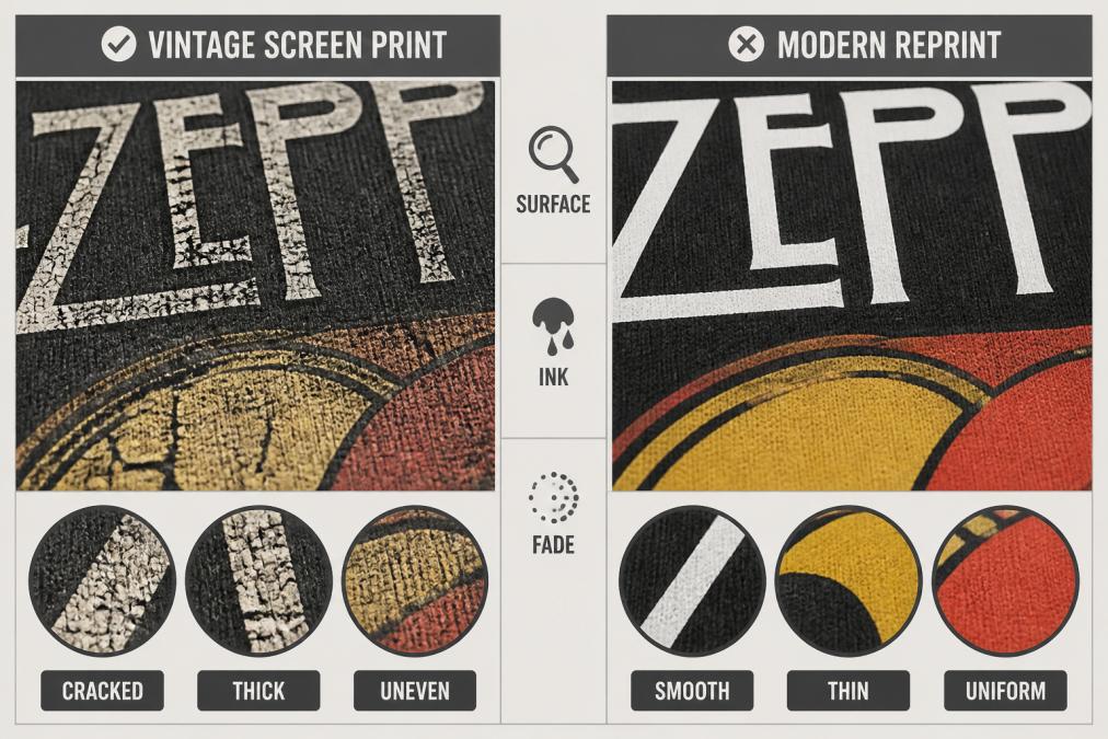 Macro close-up of vintage band t-shirt screen print showing characteristic plastisol ink cracking pattern with natural fade gradation across graphic, compared to smooth modern reprint with sharp edges and uniform color