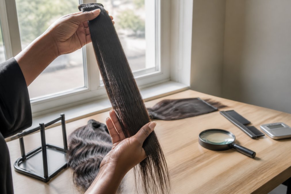 Close-up of hands holding a strand of hair extensions up to a window in natural daylight, examining the cuticle and texture against the light