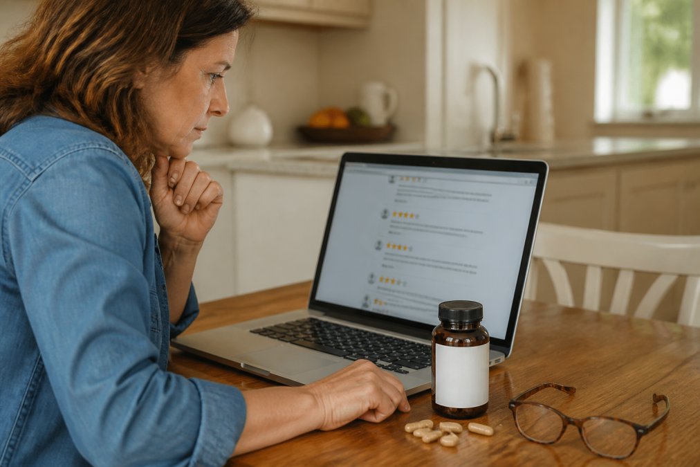 A person sitting at a kitchen table with a laptop open, closely examining a product review page, with a supplement bottle and reading glasses beside the laptop