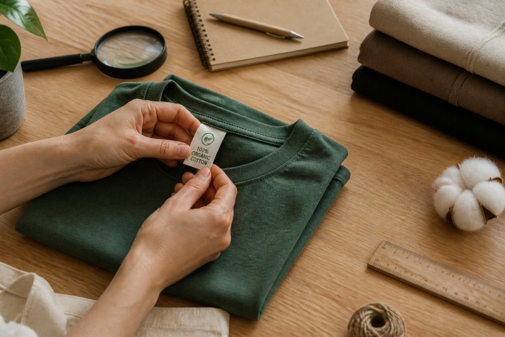 Close-up of hands examining a clothing label on a folded organic cotton t-shirt, with a certification tag visible, on a clean wooden surface
