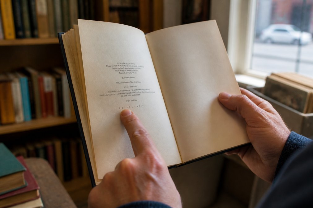 Hands pointing to a number line on a copyright page while identifying first edition books in a library