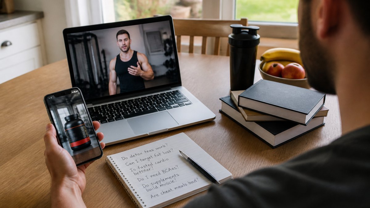 Infographic process tracking fitness pseudoscience via influencer videos, research notes, and supplement ads