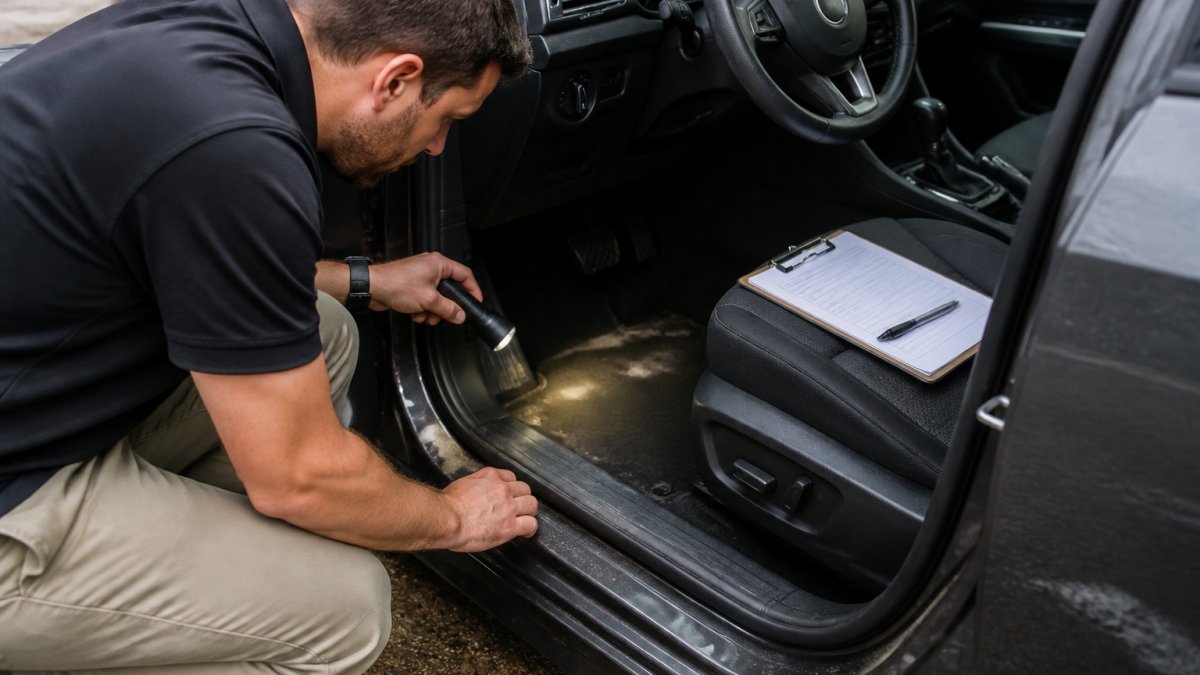 How to Spot Flood Damaged Cars: 2026 Buyer's Guide A person in casual clothes crouching beside an open car door, shining a flashlight under the driver's seat and inspecting the carpet for water stains and silt, with a clipboard and pen resting on the seat
