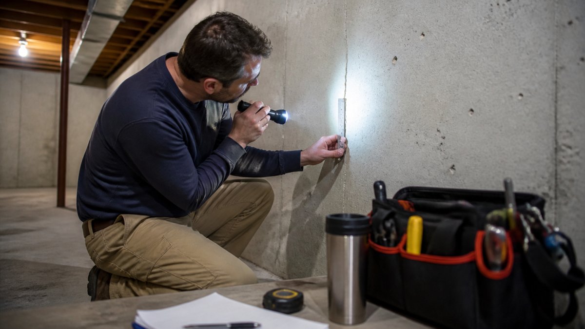 A homeowner kneeling in a clean, unfinished basement, holding a flashlight and a small ruler against a concrete foundation wall, examining a thin crack with focused attention