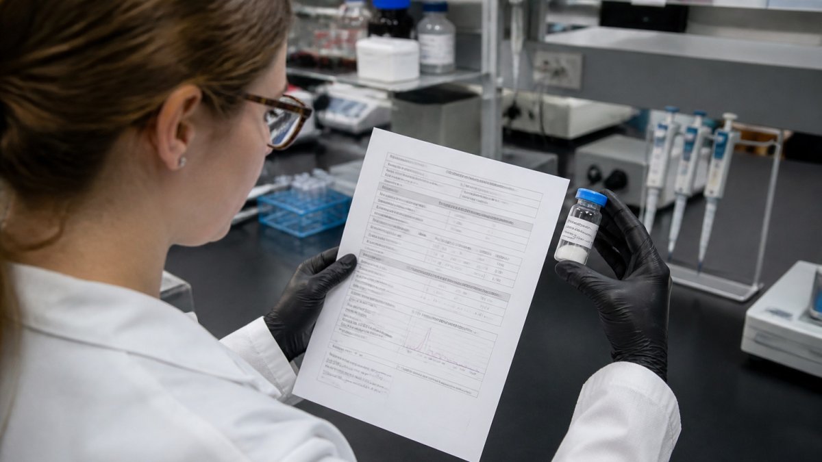 Researcher examining a peptide vial and peptide certificates of analysis in a laboratory setting
