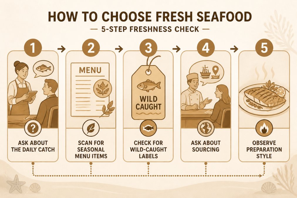 5-step flowchart outlining how to choose and verify fresh seafood when dining at a restaurant.