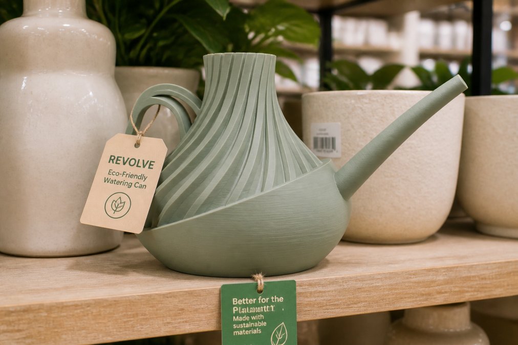 Close-up of product tags and labels on home decor items showing text and logos with vague green terminology and imagery
