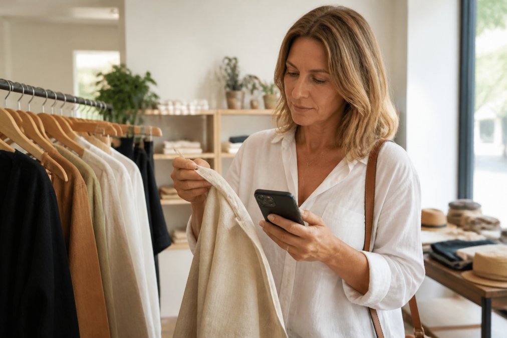 A woman in her 40s examining a clothing label in a bright, minimal boutique, holding a garment made of natural linen, with a smartphone showing a certification lookup in her other hand
