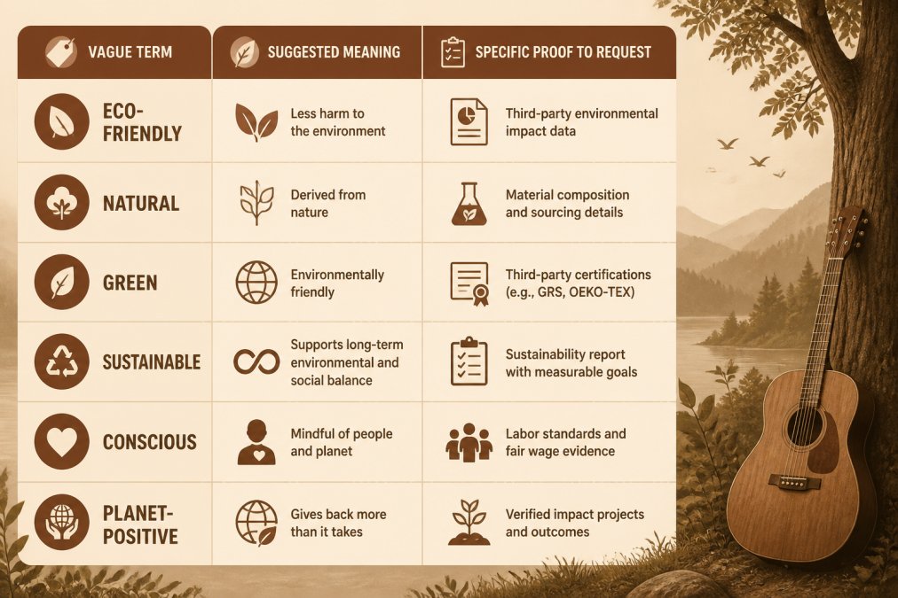 Matrix comparing vague terms "eco-friendly," "natural," "green," "sustainable," "conscious," and "planet-positive" against their suggested meaning and the specific proof to request instead
