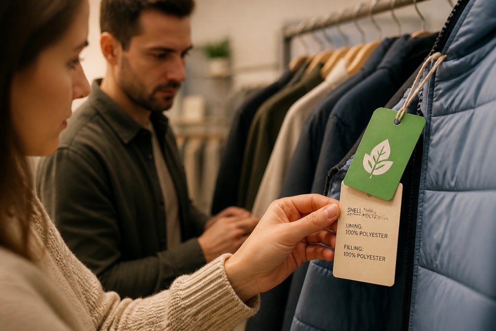 A close-up of a clothing rack in a boutique, where a bright green 'eco-friendly' tag hangs from a polyester jacket, revealing a fabric composition label that lists 100% synthetic material