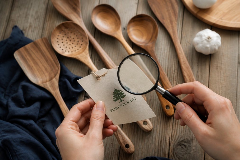 Shopper examining environmental claims on wooden kitchenware packaging