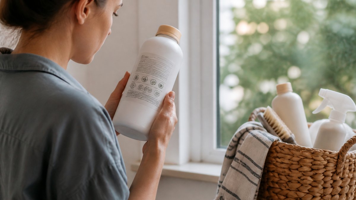 Person examining home goods product label closely, studying certification logos and material information while holding the item in natural light near a window
