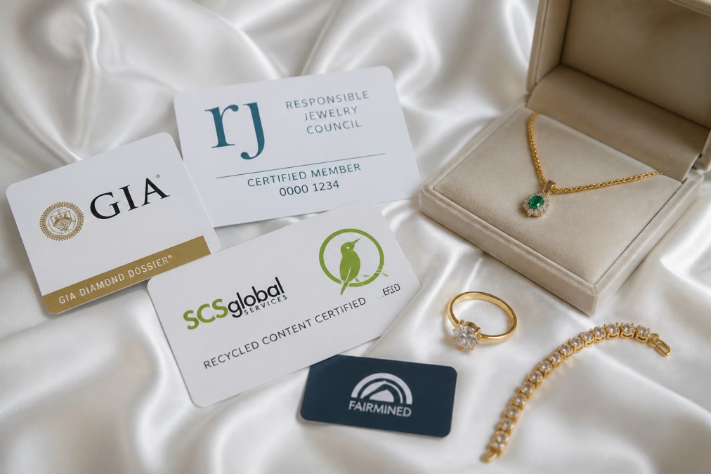 Luxury jewelry displayed on white silk with visible certification badges and authenticity cards arranged nearby