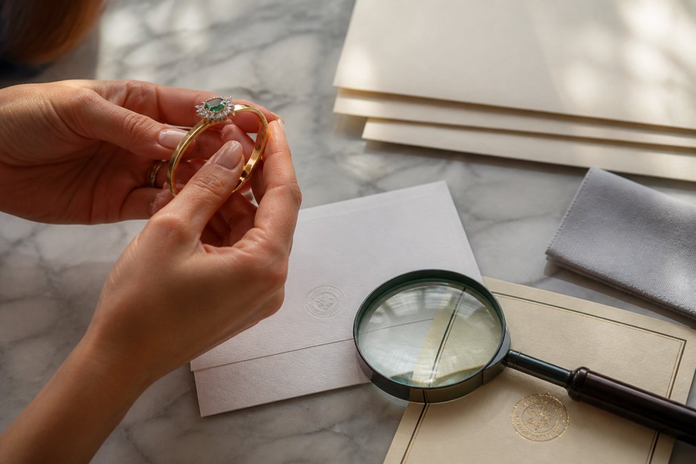 Close-up of hands examining a luxury jewelry piece under natural light, with certification documents and a magnifying glass on a marble surface