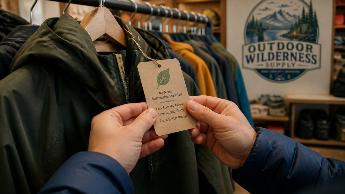 Close-up of a hiker's hands holding a jacket hangtag with green leaves and vague eco-friendly wording, in a bright outdoor gear shop