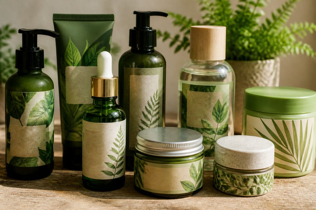 Close-up of multiple skincare product bottles and jars arranged on a wooden surface, some with leafy green labels and nature imagery, photographed in soft natural light to highlight packaging design