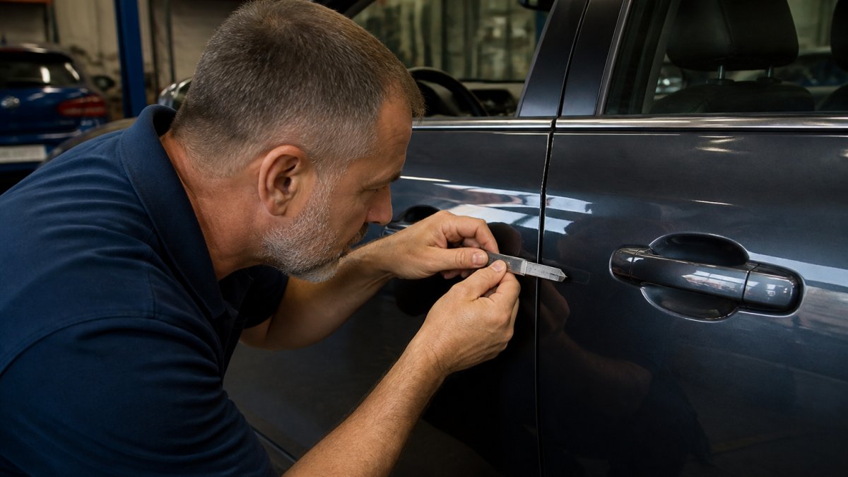 Professional mechanic inspecting car body panel gaps with precision measurement tool, checking alignment and paint consistency on vehicle door