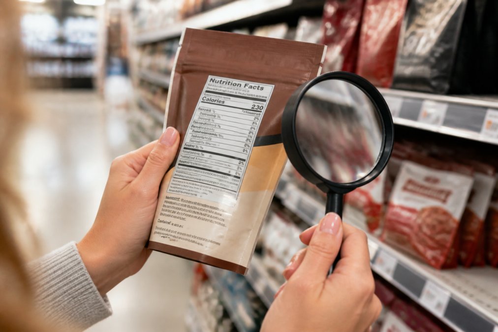 Close-up of a person's hands holding a snack package in a grocery store aisle, with the nutrition facts label visible and a magnifying glass nearby, showing label reading in action