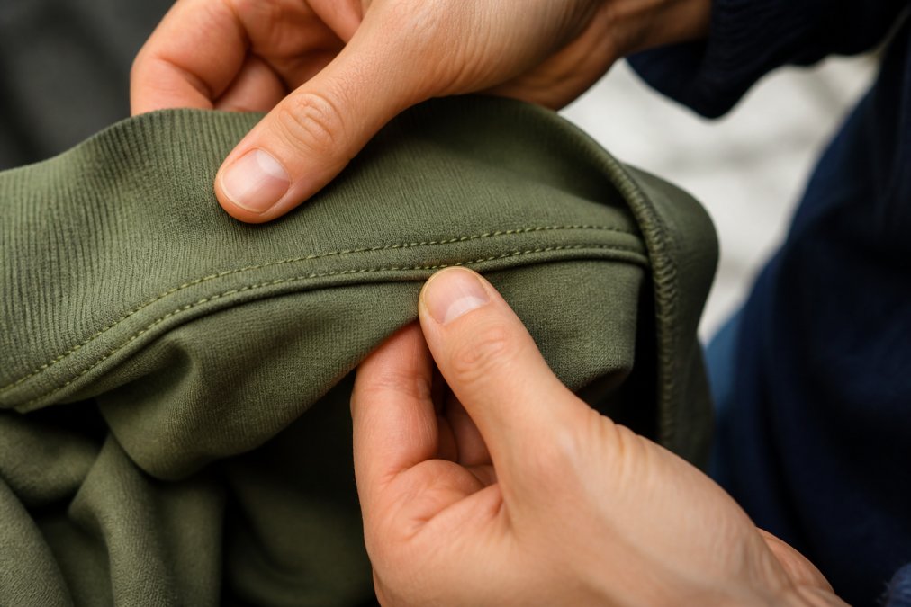 Close-up of hands inspecting stitching on a garment seam, showing even stitch lines and quality thread work with natural lighting