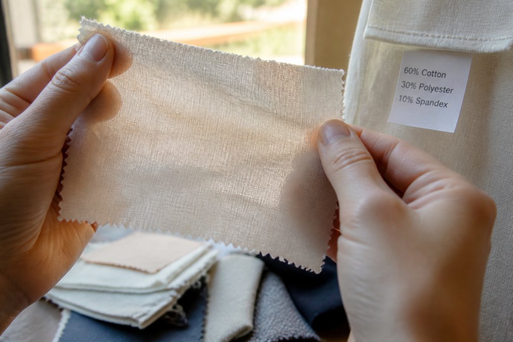 Close-up of hands examining a fabric swatch, holding it up to natural light to check opacity and weave density, with a care label visible in the background showing fiber content percentages