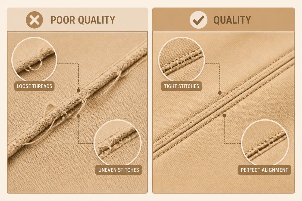Detailed close-up showing an uneven, loose seam with visible loose threads compared to a perfectly aligned, tight seam on a quality garment, highlighting the visible difference in construction quality